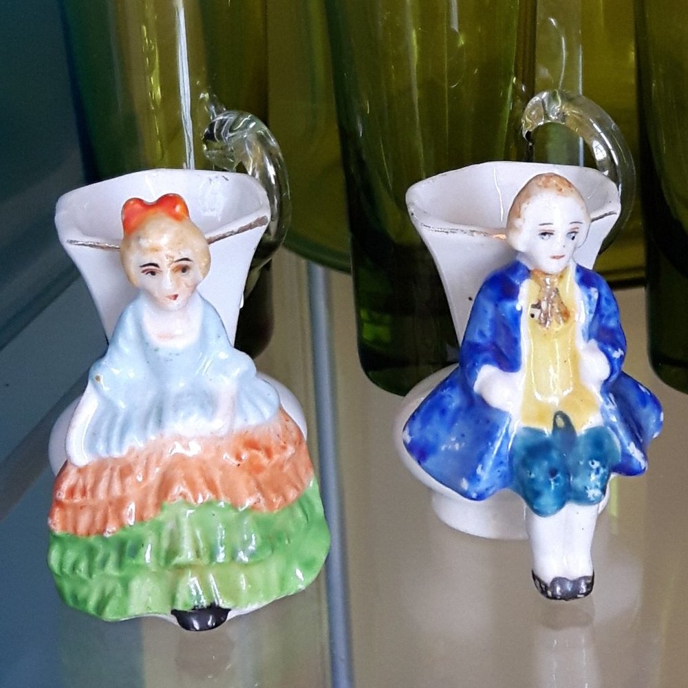 Toothpick Holders 1940's Occupied Japan Set 2 Hand Painted Man Woman Figurine